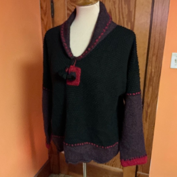 Little Journeys Boho Knit Sweater Tassel Neck Black Burgundy Pullover - Picture 8 of 10